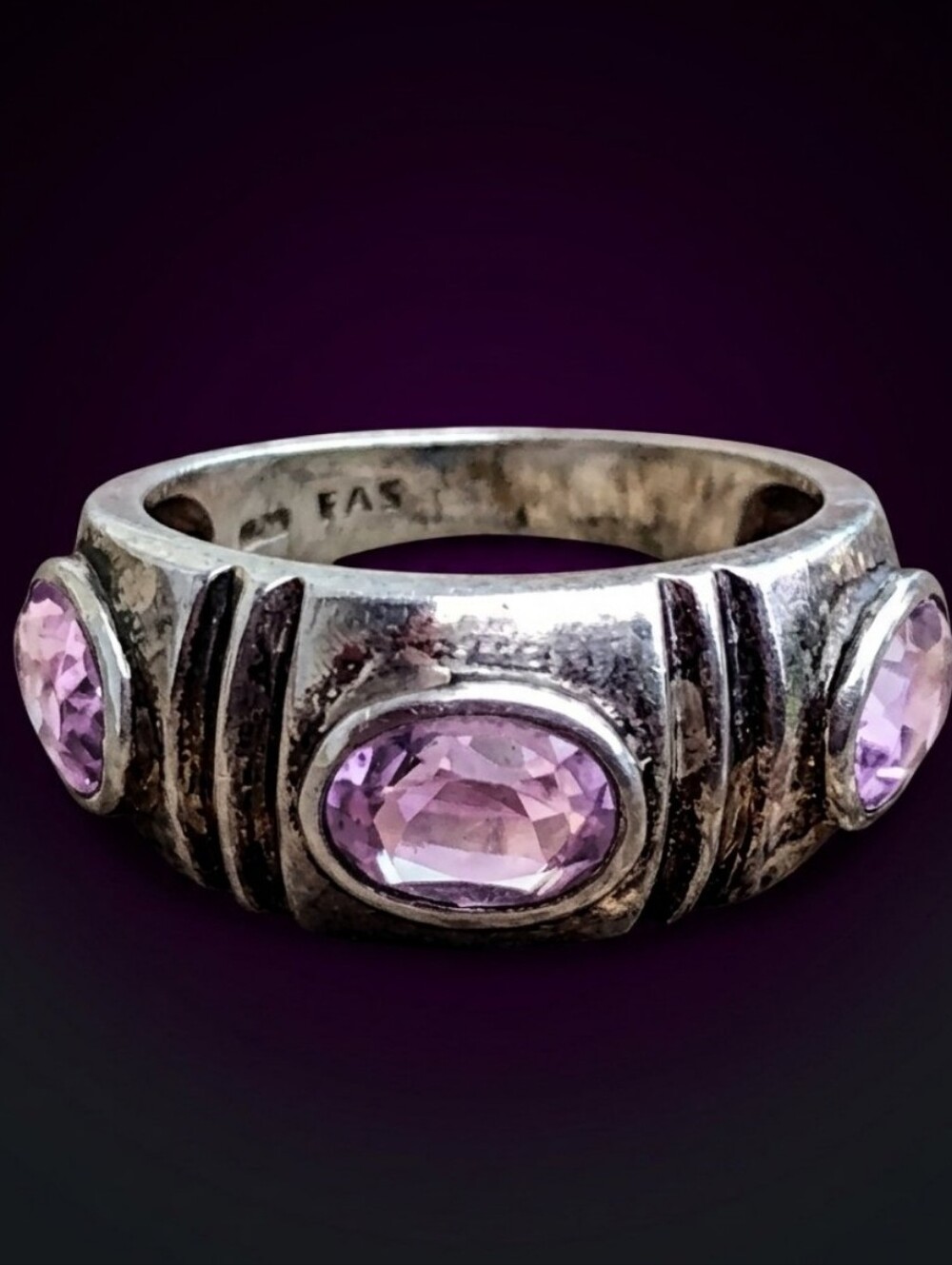 Bohemian Sterling Silver Purple Amethyst Ring | Brutalist Ribbed Wide Band Stat